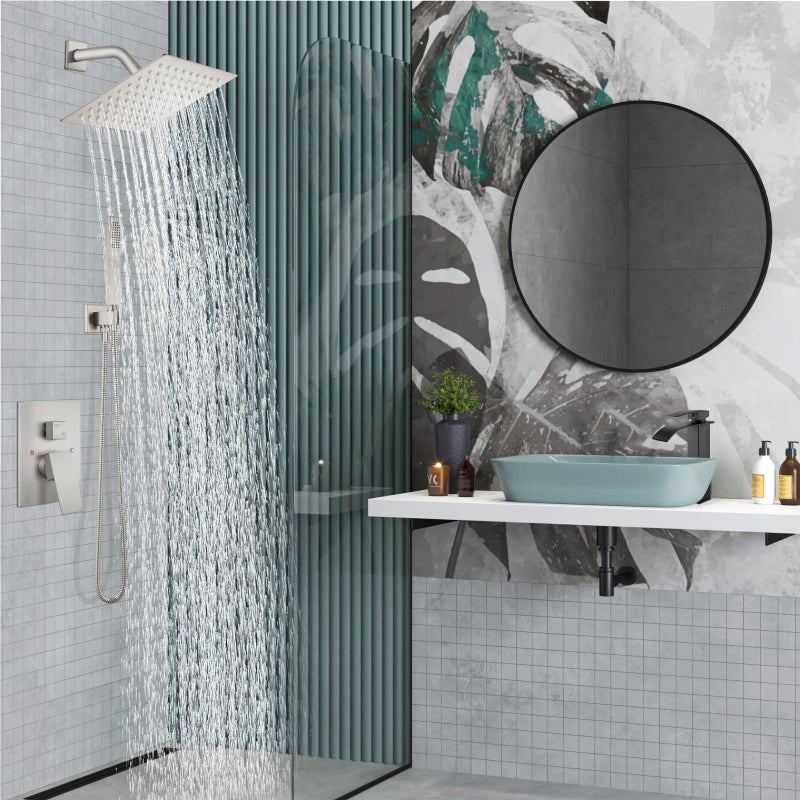 Midanya Shower Faucet Set,Wall Mount Shower System with Square Rain Shower Head and Hand Sprayer, Rough-in Valve Body and Trim Kit Included,8 Inch,Brushed Nickel - Image 2